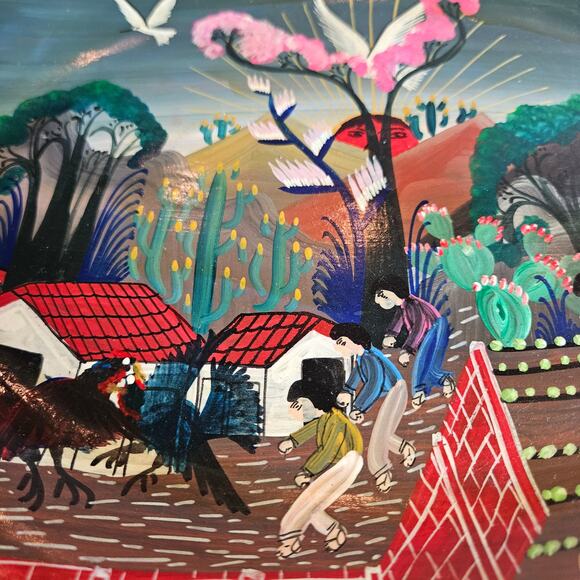 Terracotta Mexican Village Storytell Plate Folk Art Pottery Vintage Hand Paintd - Picture 3 of 7